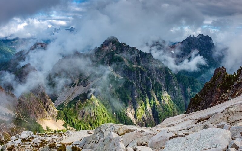 Mountain Range with Clouds — Green, Dramatic, Afternoon, Photograph, Trees, Rocks
