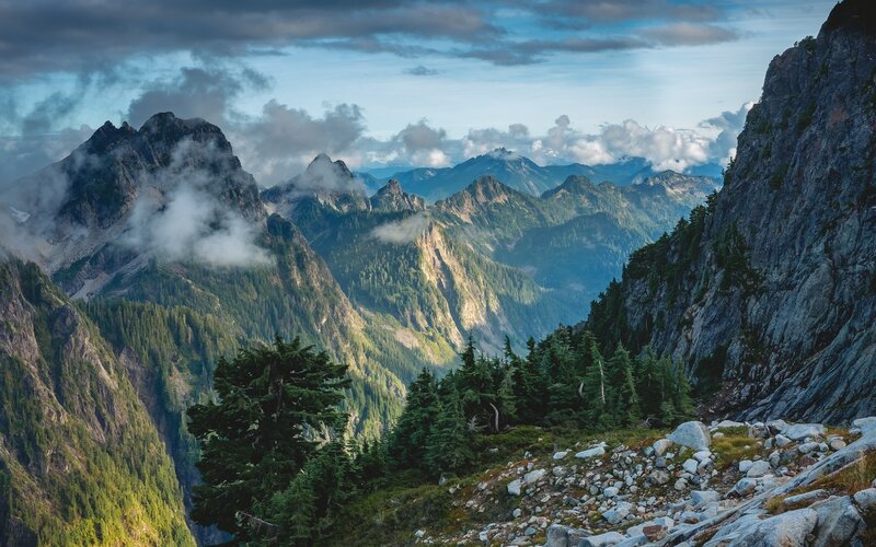 Mountain Range with Clouds — Green, Dramatic, Morning, Photograph