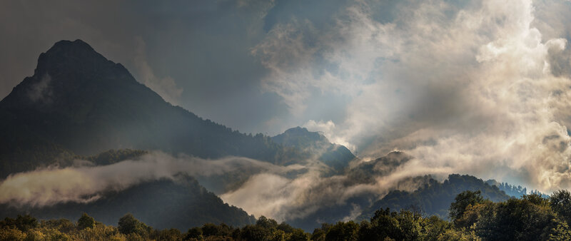 Mountain Range with Clouds — Green, Dramatic, Morning, Photograph, Trees