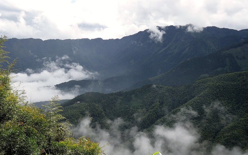 Mountain Range with Clouds — Green, Misty, Photograph, Trees, Valley