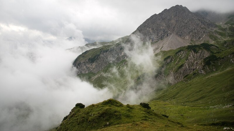 Mountain Range with Clouds — Green, Misty