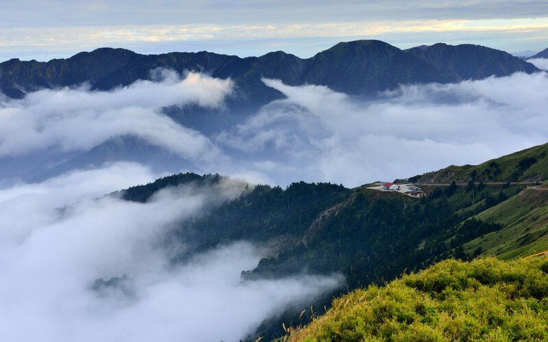 Mountain Range with Clouds — Green, Serene, Morning, Photograph