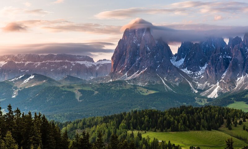 Mountain Range with Clouds — Green, Serene, Sunrise