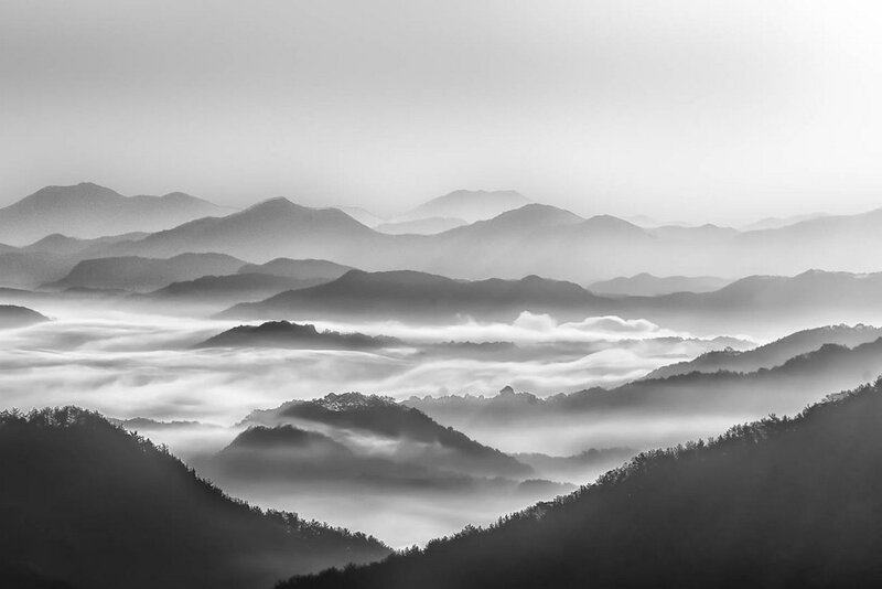 Mountain Range with Fog — Black