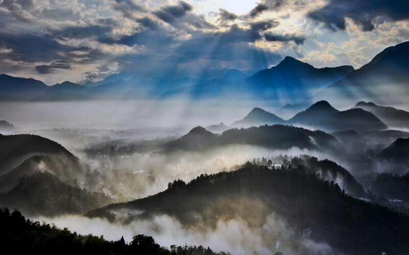 Mountain Range with Fog — Blue, Dramatic, Morning