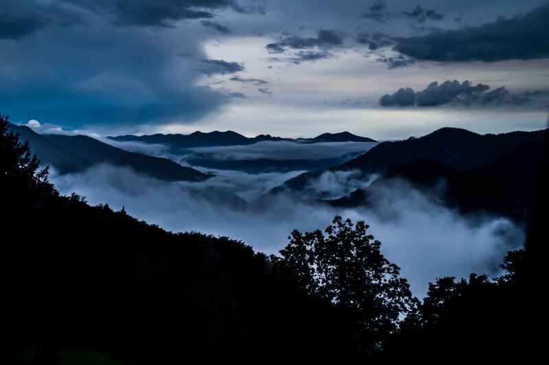 Mountain Range with Fog — Blue, Dramatic, Night