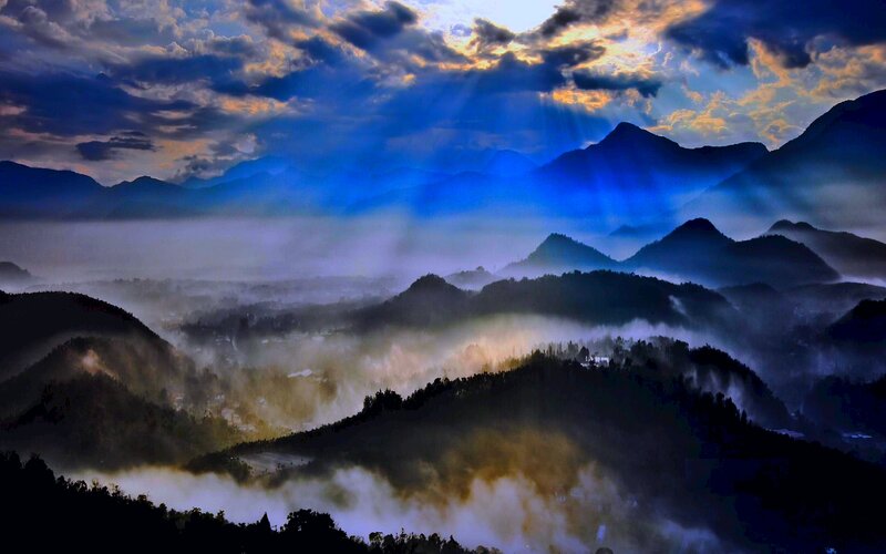 Mountain Range with Fog — Blue, Dramatic