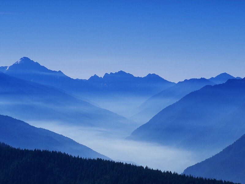 Mountain Range with Fog — Blue, Serene, Morning, Photograph, Forest, Sky