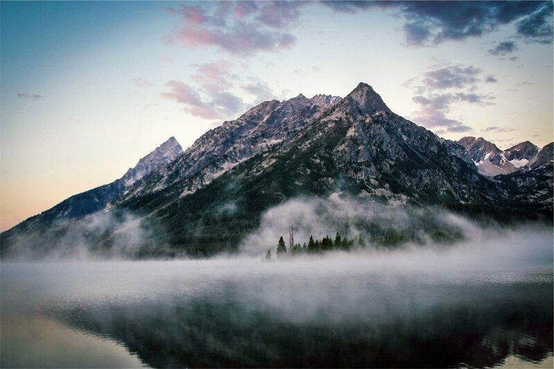 Mountain Range with Fog — Blue, Serene, Morning, Photograph, Lake