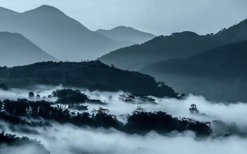 Mountain Range with Fog — Blue, Serene, Morning, Photograph, Trees, Hills