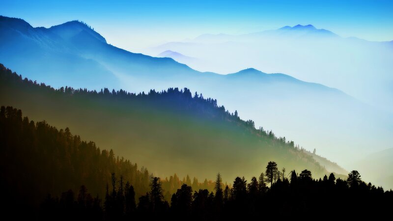 Mountain Range with Fog — Blue, Serene, Morning, Photograph, Trees, Sky
