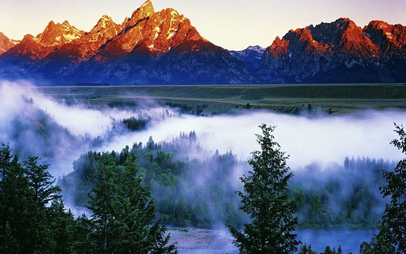 Mountain Range with Fog — Blue, Serene, Sunrise