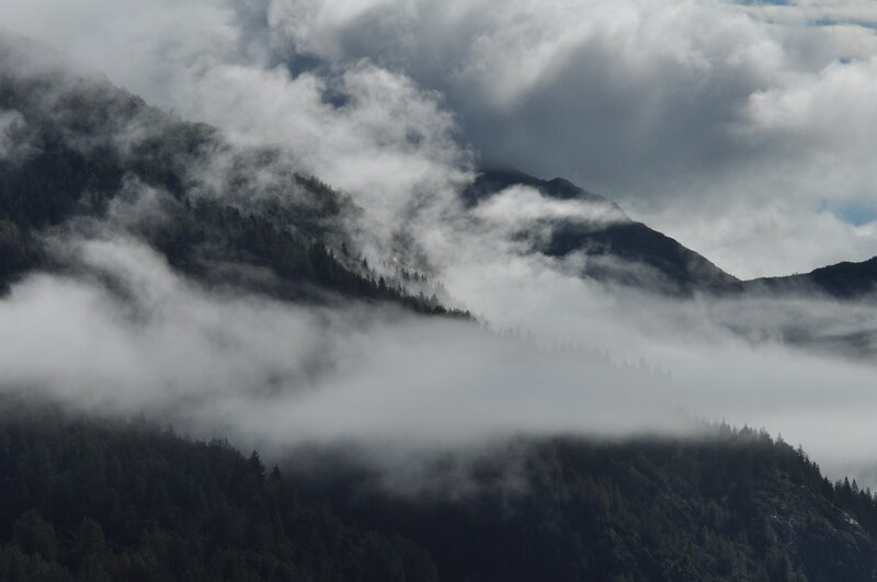 Mountain Range with Fog — Gray, Dramatic, Photograph