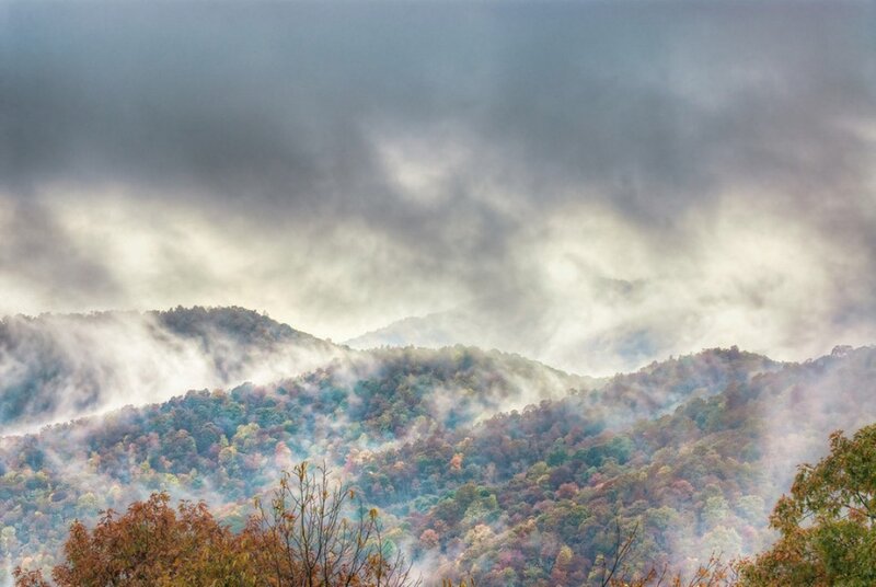 Mountain Range with Fog — Green, Dramatic