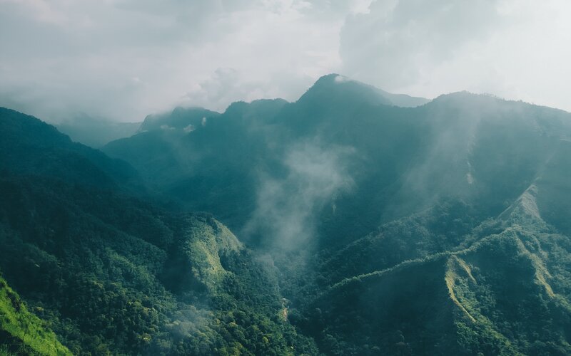 Mountain Range with Fog — Green, Misty, Photograph