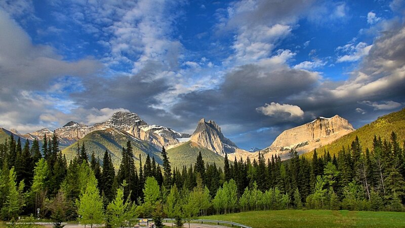 Mountain Range with Forest — Blue, Dramatic, Afternoon, Photograph, Trees, Clouds, Road