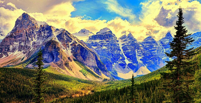 Mountain Range with Forest — Blue, Dramatic, Afternoon, Photograph, Trees, Clouds