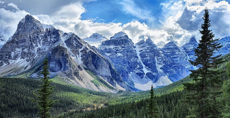 Mountain Range with Forest — Blue, Dramatic, Afternoon, Photograph, Trees, Snow