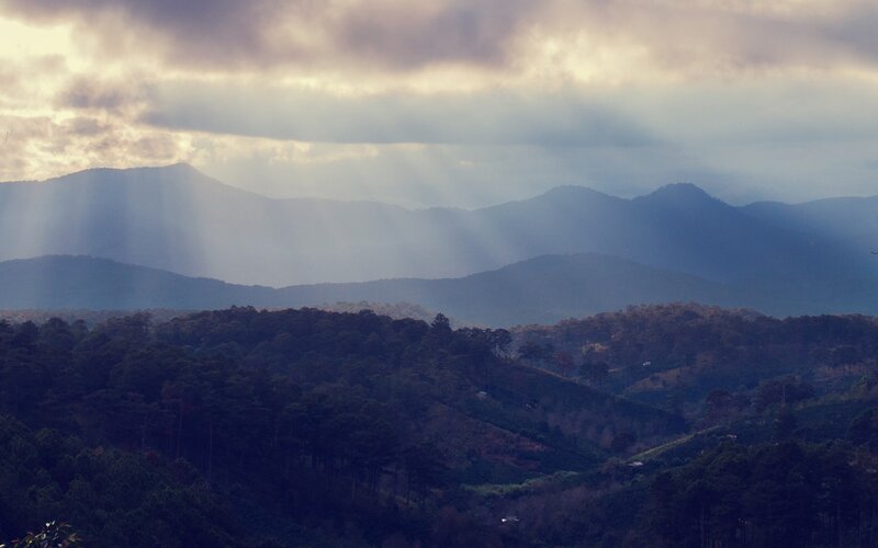Mountain Range with Forest — Blue, Dramatic, Morning