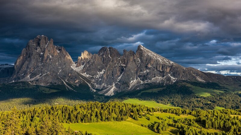 Mountain Range with Forest — Green, Dramatic, Afternoon, Photograph, Clouds, Snow, Gray