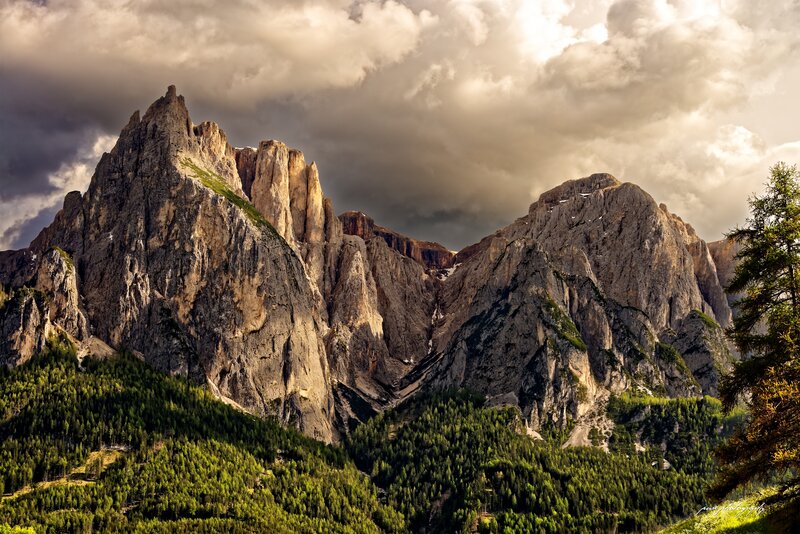 Mountain Range with Forest — Green, Dramatic, Afternoon, Photograph, Clouds, Trees, Rock