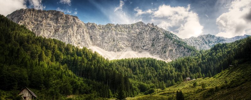 Mountain Range with Forest — Green, Dramatic, Afternoon, Photograph, Hut, Clouds, Blue, Gray