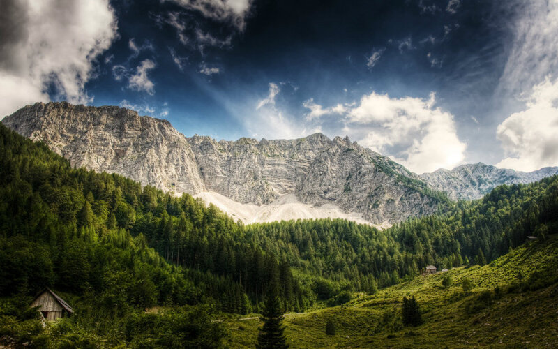 Mountain Range with Forest — Green, Dramatic, Afternoon, Photograph, Hut, Clouds