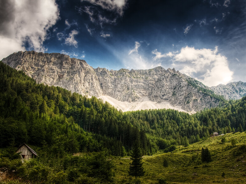 Mountain Range with Forest — Green, Dramatic, Afternoon, Photograph, Hut