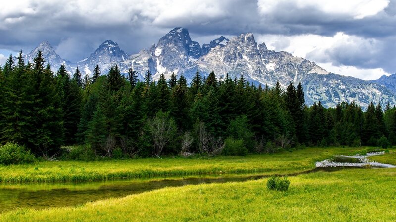 Mountain Range with Forest — Green, Dramatic, Afternoon, Photograph, River