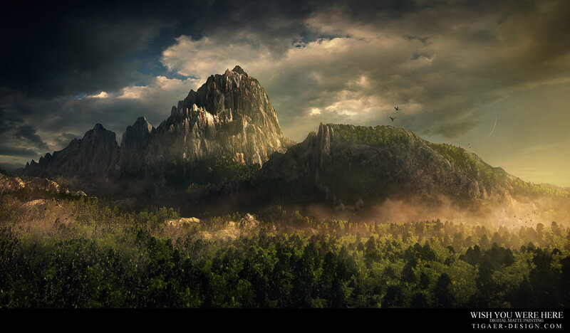 Mountain Range with Forest — Green, Dramatic, Sunrise, Digital Art, Clouds, Birds, Mist