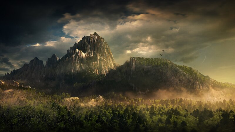Mountain Range with Forest — Green, Dramatic, Sunrise, Digital Art, Clouds