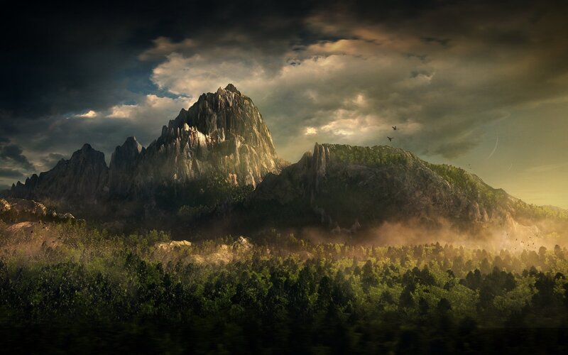 Mountain Range with Forest — Green, Dramatic, Sunrise, Digital Art