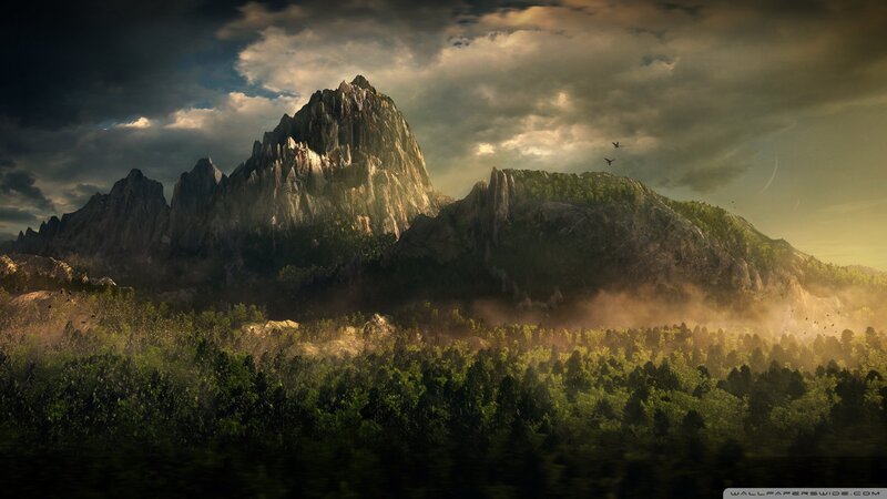 Mountain Range with Forest — Green, Dramatic, Sunset, Digital Art, Clouds, Birds, Mist