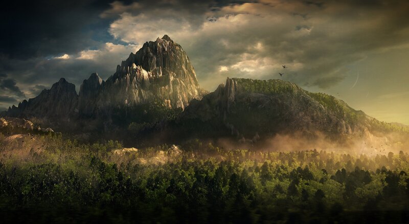 Mountain Range with Forest — Green, Dramatic, Sunset, Digital Art
