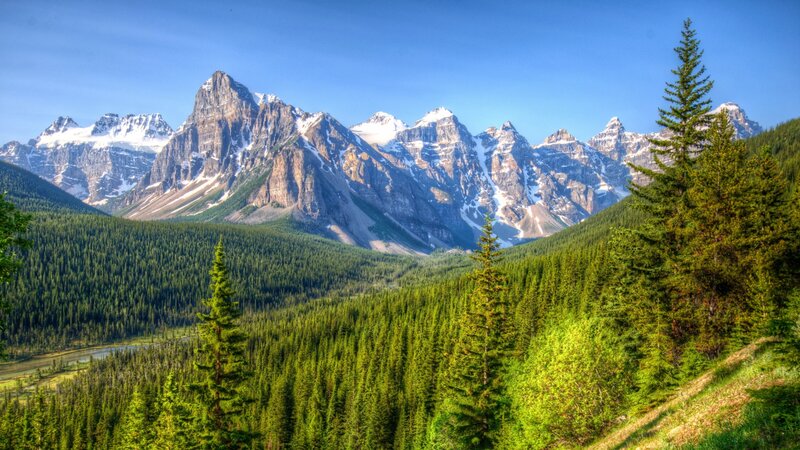 Mountain Range with Forest — Green, Serene, Afternoon, Photograph, River, Trees
