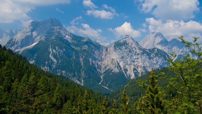 Mountain Range with Forest — Green, Serene, Afternoon, Photograph, Trees, Clouds, Valley, Blue, Gray