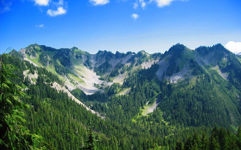Mountain Range with Forest — Green, Serene, Afternoon, Photograph, Trees, Sky, Clouds, Blue