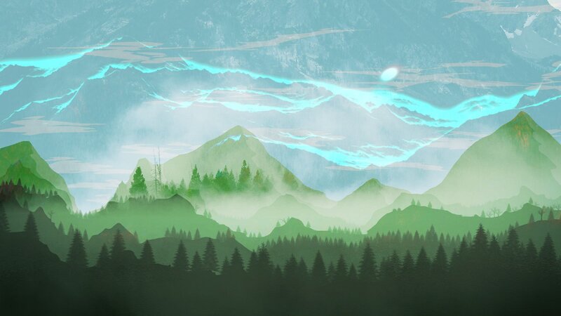 Mountain Range with Forest — Green, Serene, Digital Art