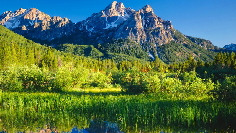 Mountain Range with Forest — Green, Serene, Morning, Photograph, River