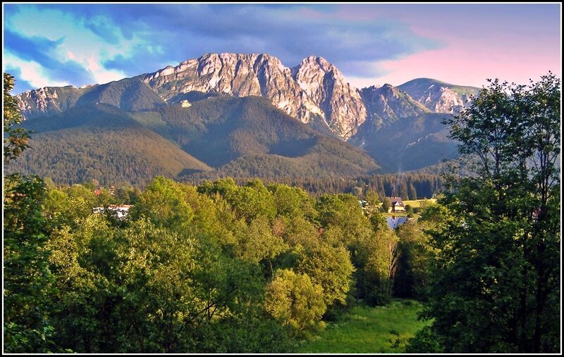 Mountain Range with Forest — Green, Serene, Sunset