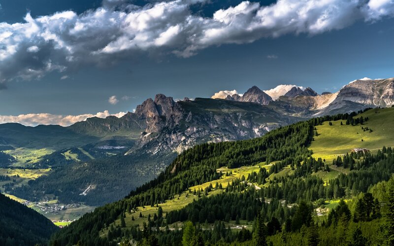 Mountain Range with Green Hills — Dramatic, Afternoon, Photograph, Clouds