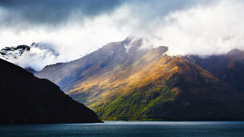 Mountain Range with Lake — Blue, Dramatic, Afternoon, Photograph, Clouds, Snow