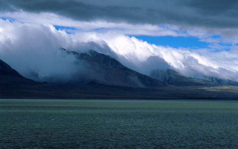 Mountain Range with Lake — Blue, Dramatic, Photograph, Clouds