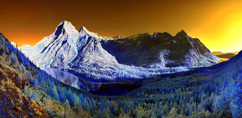 Mountain Range with Lake — Blue, Dramatic, Sunset, Digital Art