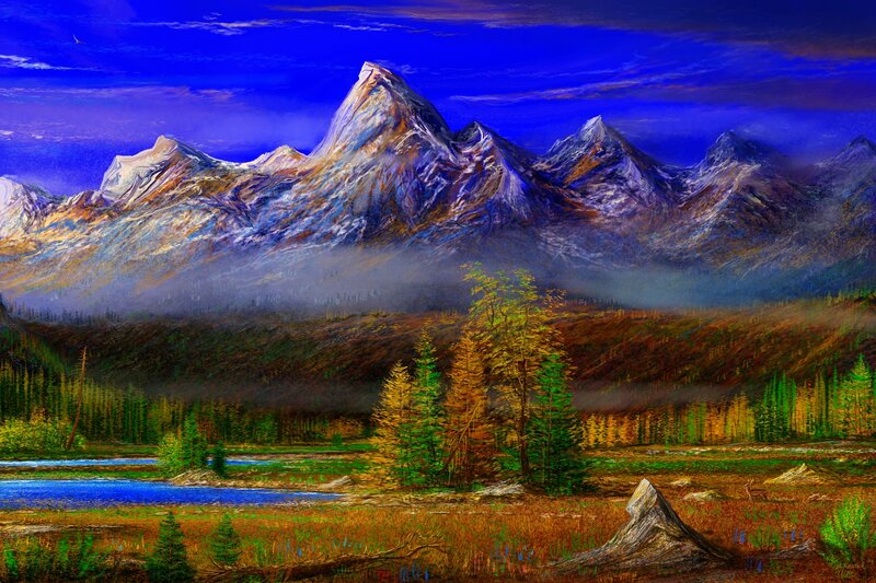 Mountain Range with Lake — Blue, Dramatic, Sunset, Painting