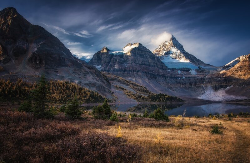 Mountain Range with Lake — Blue, Dramatic, Sunset, Photograph, Forest