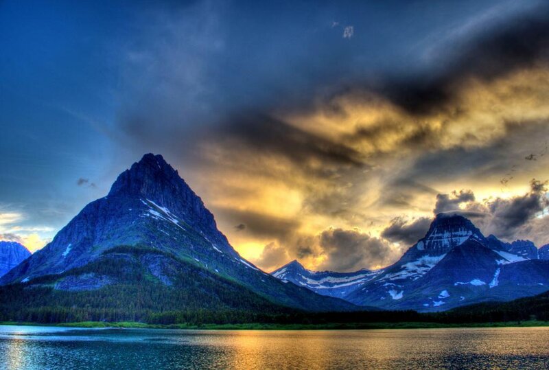 Mountain Range with Lake — Blue, Dramatic, Sunset, Photograph