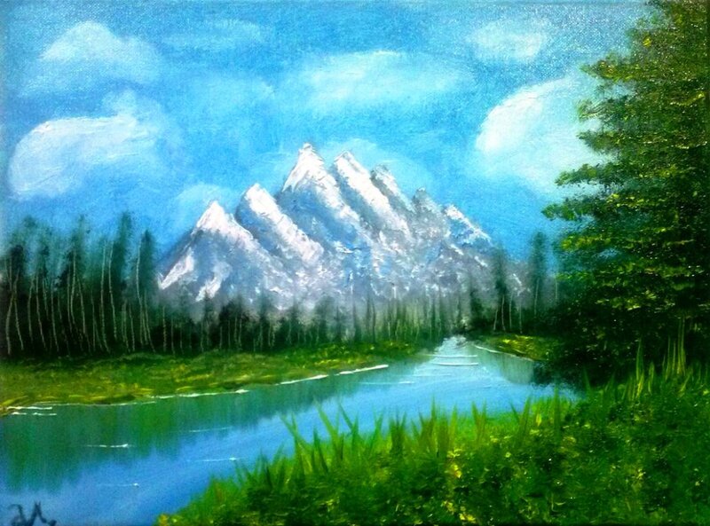 Mountain Range with Lake — Blue, Serene, Afternoon, Painting