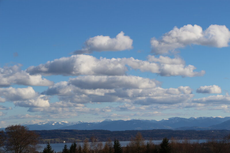 Mountain Range with Lake — Blue, Serene, Afternoon, Photograph, Clouds
