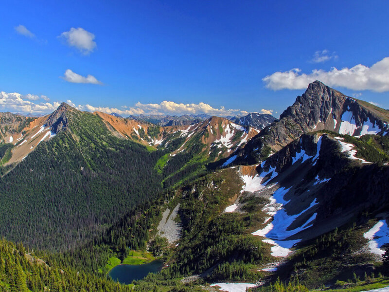 Mountain Range with Lake — Blue, Serene, Afternoon, Photograph, Snow Patches